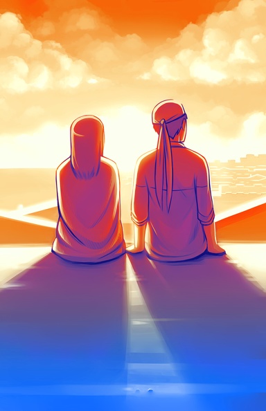 Some early concept art of Ten and Luna on the rooftops in Flore. sunset.jpg